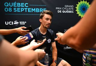 Julian Alaphilippe speaks to the press in Quebec
