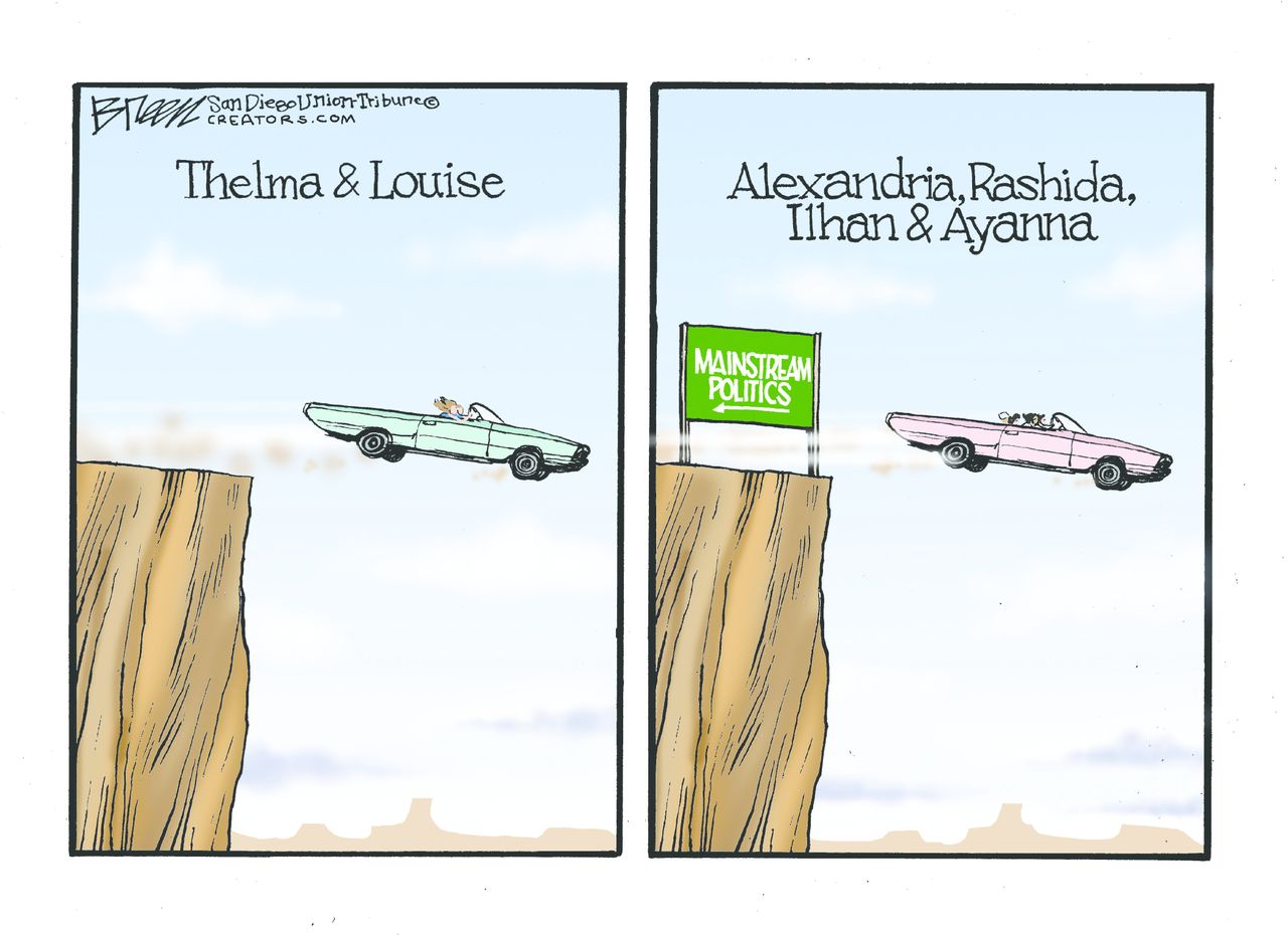 Political Cartoon Mainstream Politics Thelma and Louise AOC Ilhan Omar Presley Tlaib