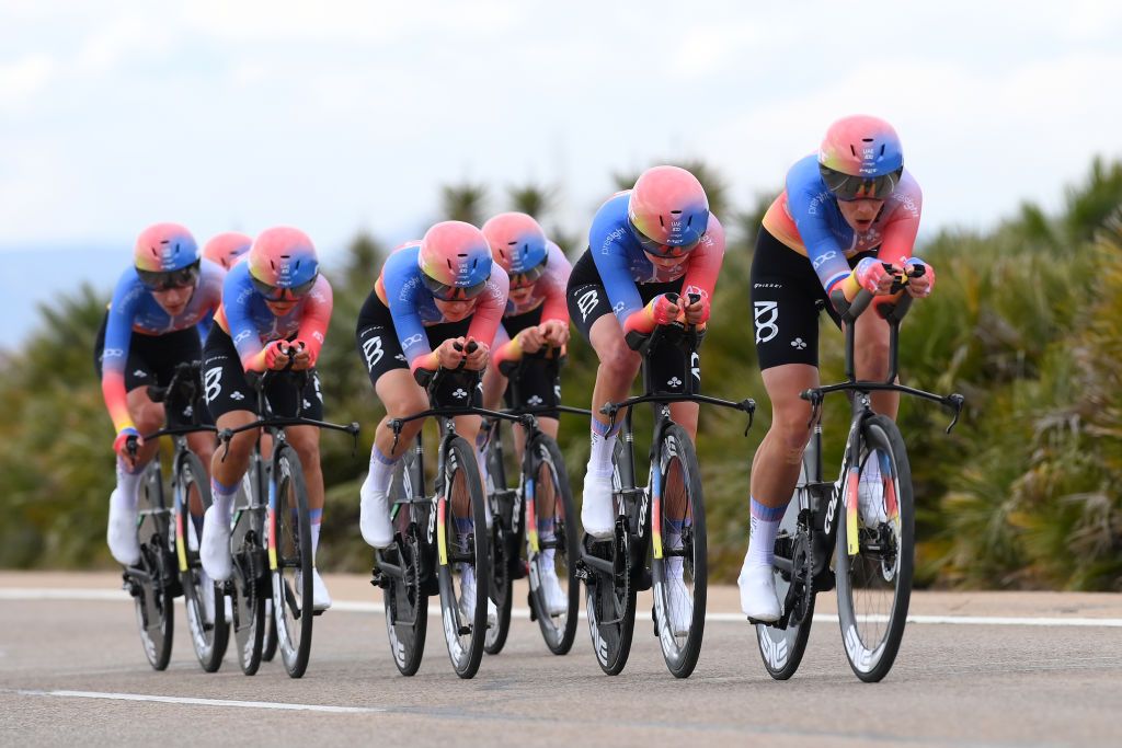 VALENCIA SPAIN APRIL 28 A general view of Mikayla oHarvey of New Zealand Alena Amialiusik of Belarus Eugenia Bujak of Slovenia Alena Ivanchenko of Russia Erica Magnaldi of Italy Tereza Neumanova of Czech Republic Karlijn Swinkels of The Netherlands and UAE Team ADQ sprint during the 10th La Vuelta Femenina 2024 Stage 1 a 16km team time trial from Valencia to Valencia UCIWWT on April 28 2024 in Valencia Spain Photo by Alex BroadwayGetty Images