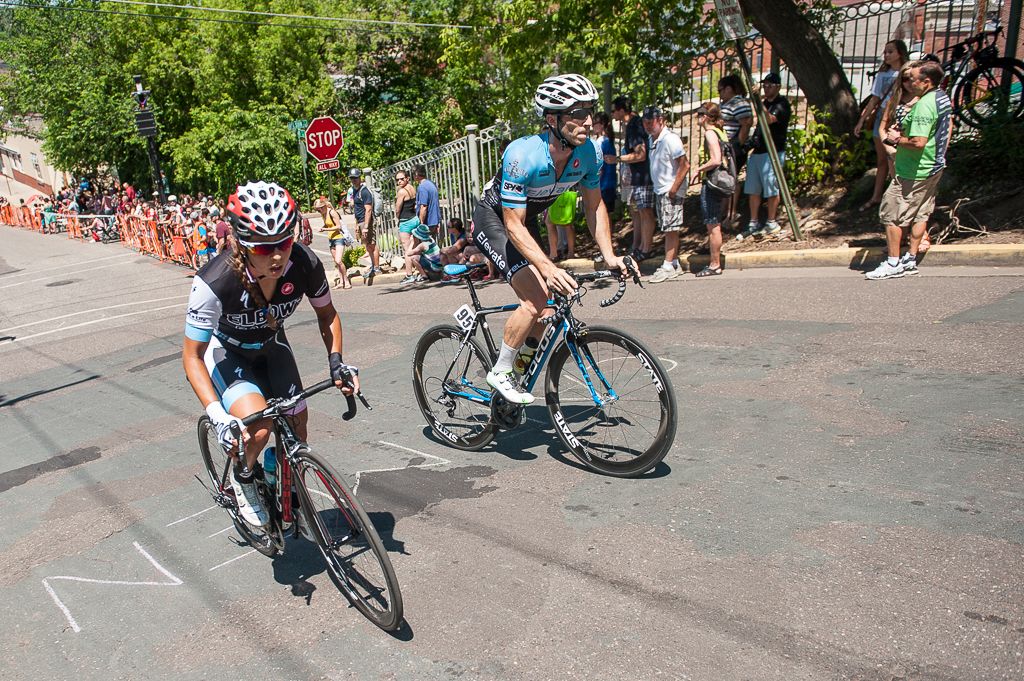 Carmen Small (Elbowz Racing Team) and Colton Jarisch (Elevate Elite Cycling Team) climb Chilkoot Hill