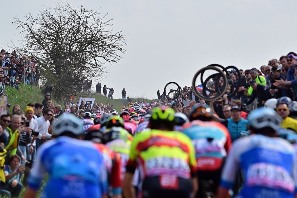 The pack of riders pictured in action during the mens elite race of the ParisRoubaix cycling event 2566km from Compiegne to Roubaix France on Sunday 09 April 2023 BELGA PHOTO DIRK WAEM Photo by DIRK WAEM BELGA MAG Belga via AFP Photo by DIRK WAEMBELGA MAGAFP via Getty Images