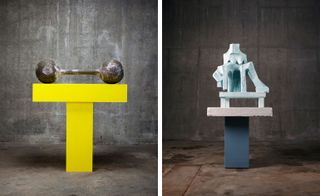 Left: AVL/GK, 2015. Shaped like a dumbbell, this sculpture can be seen as a tribute to Austrian artist Guenther Kraus, who used similar designs in his work. Right: Untitled, 2015. This work references both Michelangelo’s Pietà and his sculpture group of the sorrowful Virgin Mary in Rome’s St. Peters Basilica.