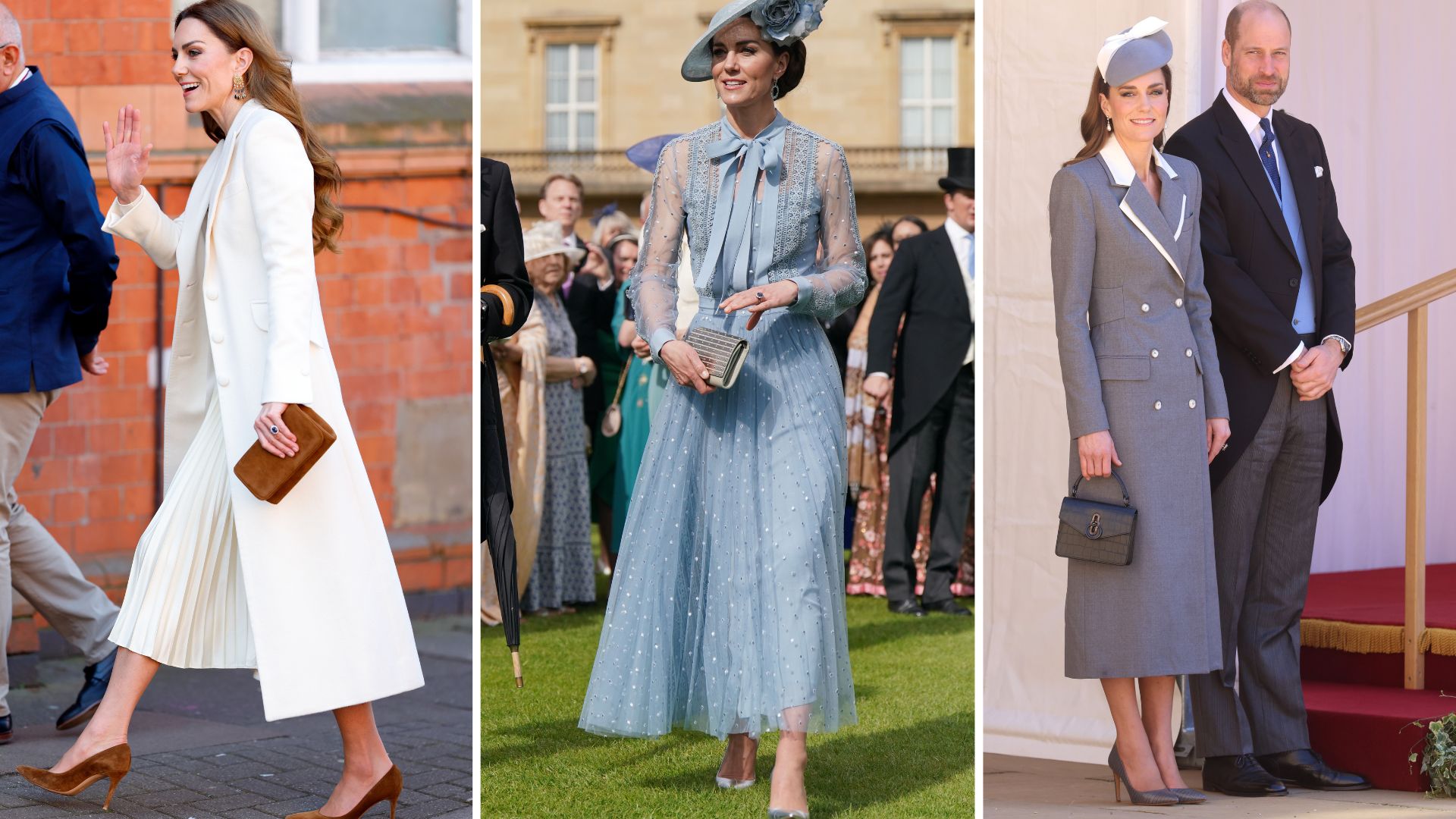A composite of three pictures of the Princess of Wales, wearing different shoes and handbags that match