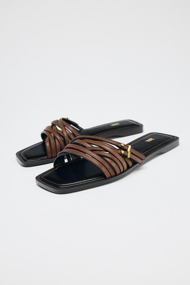 Leather Strappy Sliders With Buckle