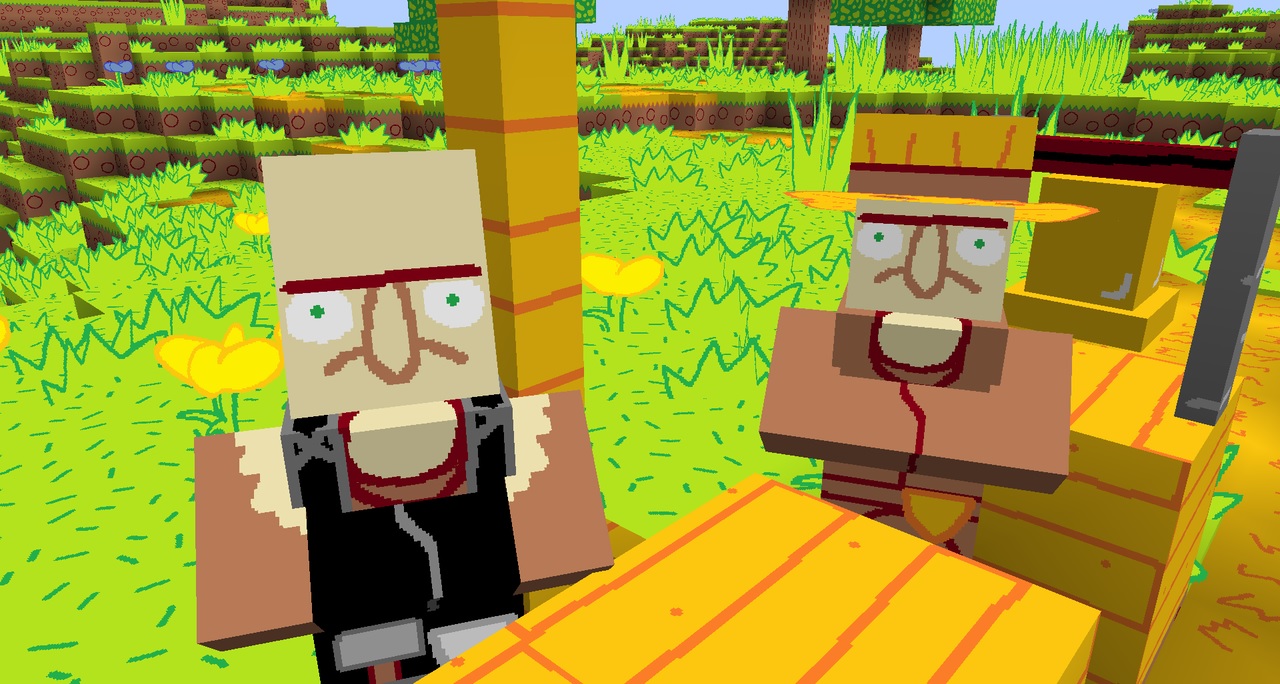 Minecraft texture pack MS Painted - Two villagers with squiggley, unshaded faces look at the player.