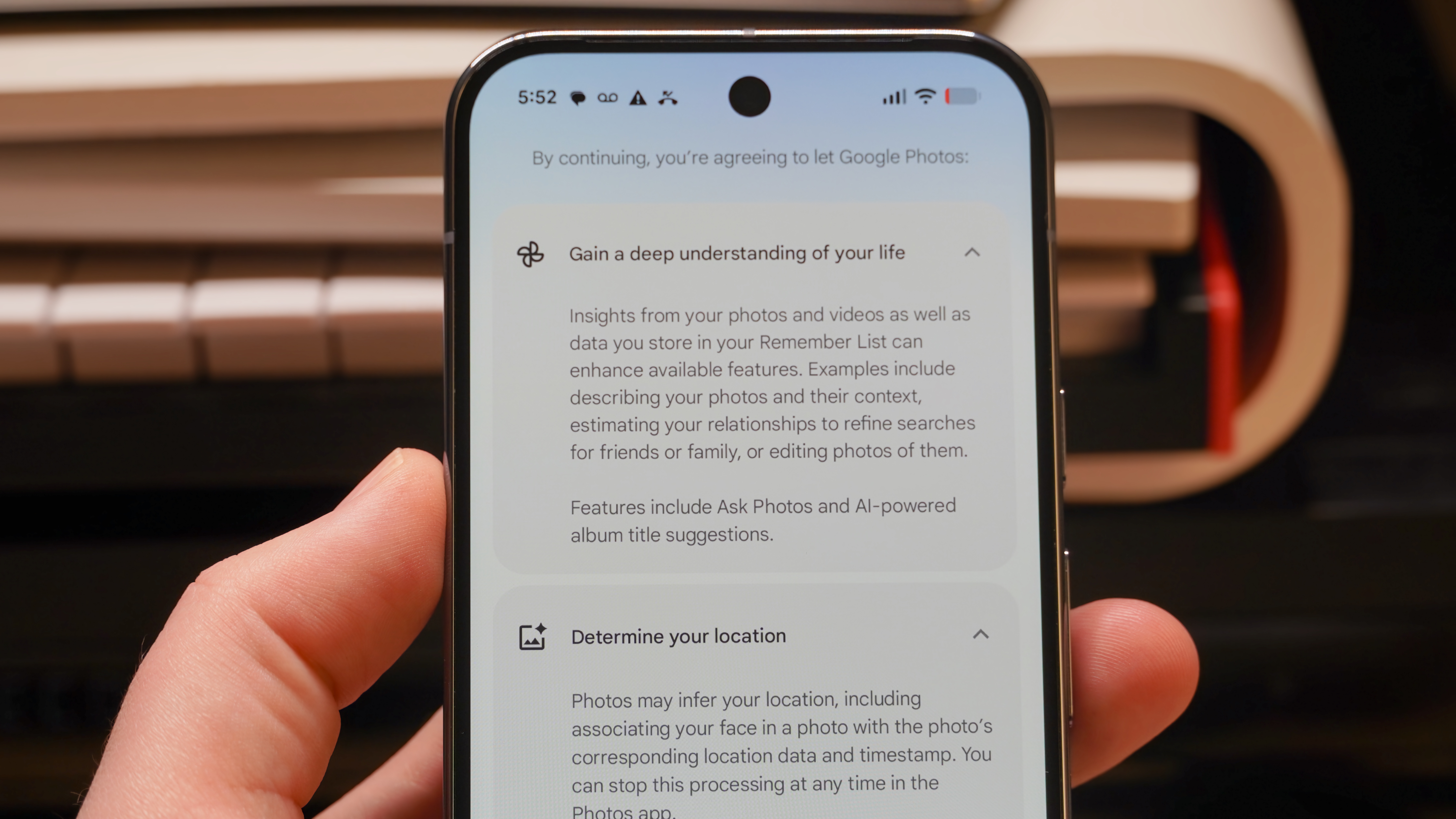 Privacy disclosures for the Ask Photos feature in Google Photos on a Pixel 10 Pro.