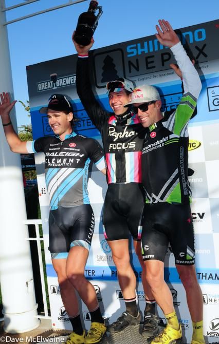 Men&rsquo;s podium on the first day in Gloucester (L to R): Jamey Driscoll (Raleigh Clement) 3rd, Jeremy Powers (Rapha Focus) 1st, Tim Johnson (Cannondale Cyclocrossworld.com). The three are former teammates.