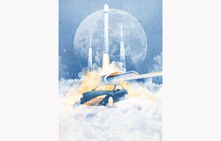 Painting of moon , space craft ,bullet train ,car