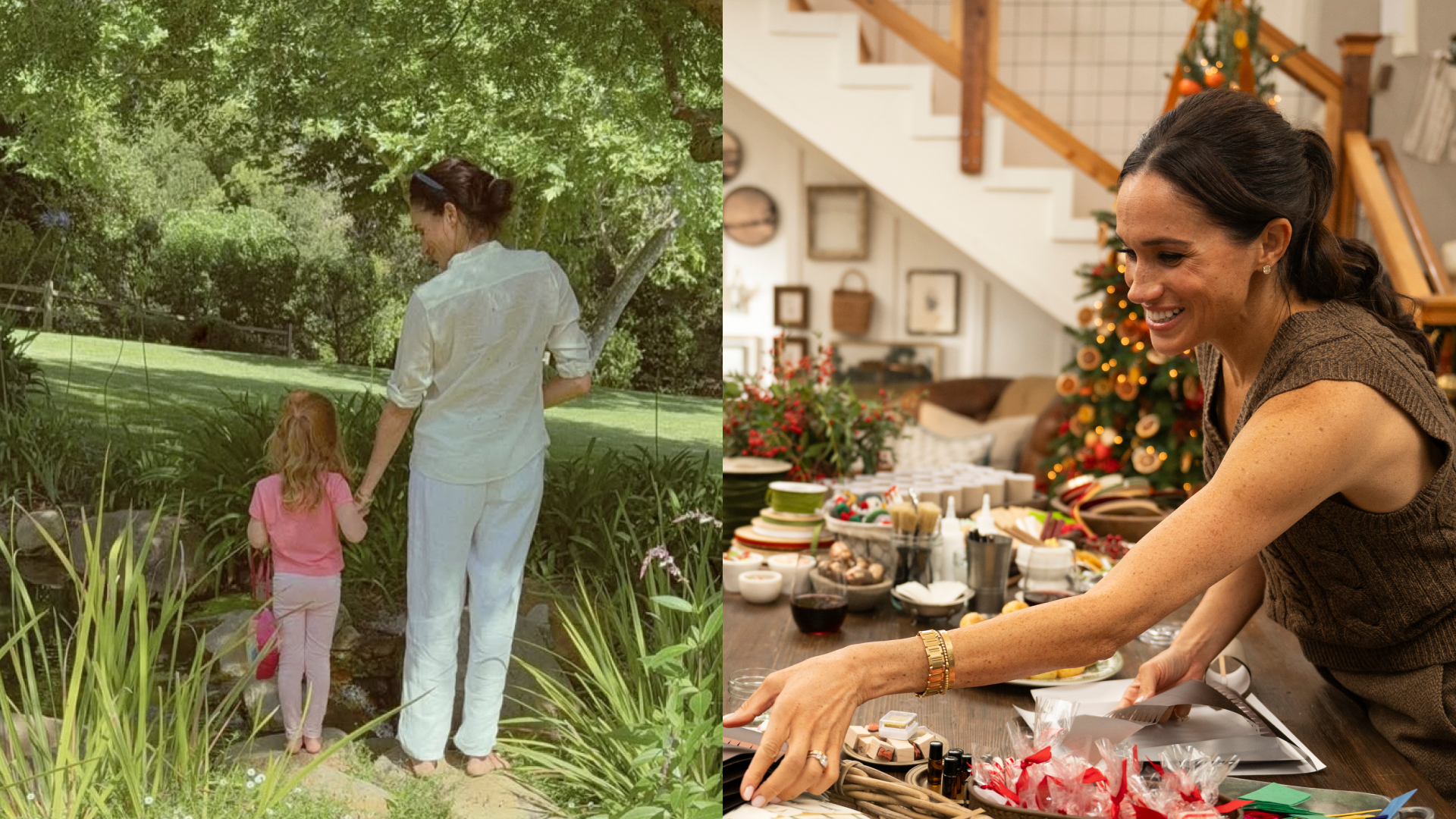 Meghan Markle holding hands with Princess Lilibet outside; Meghan Markle leaning across a table with a Christmas tree behind her