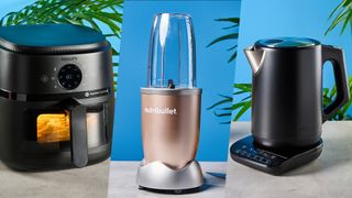 a composition image showing left to right: philips 2000 series air fryer with fries in the basket, nutribullet pro 900w series blender in champagne color, black ninja precision temperature kettle