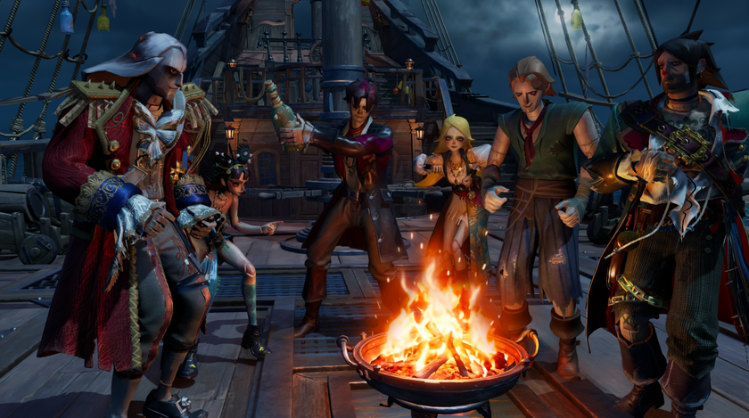 A promotional screenshot of Sea of Remnants showing several characters gathered around a fire
