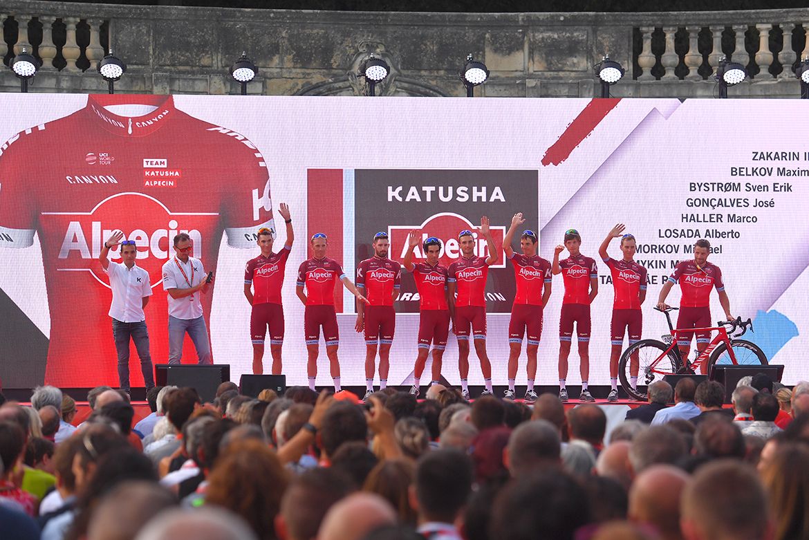 Team Katusha-Alpecin on the stage