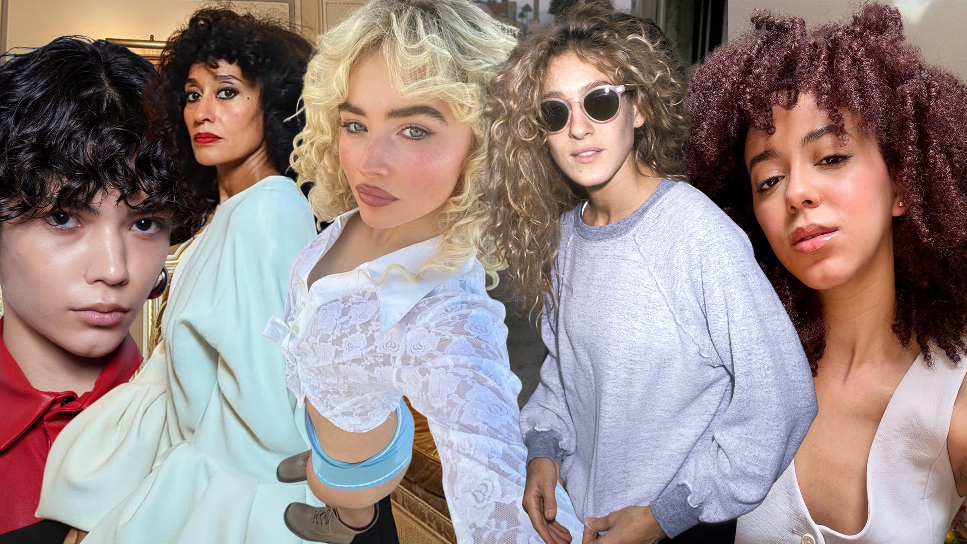 Collage of top curly bangs hairstyles to try in 2025.