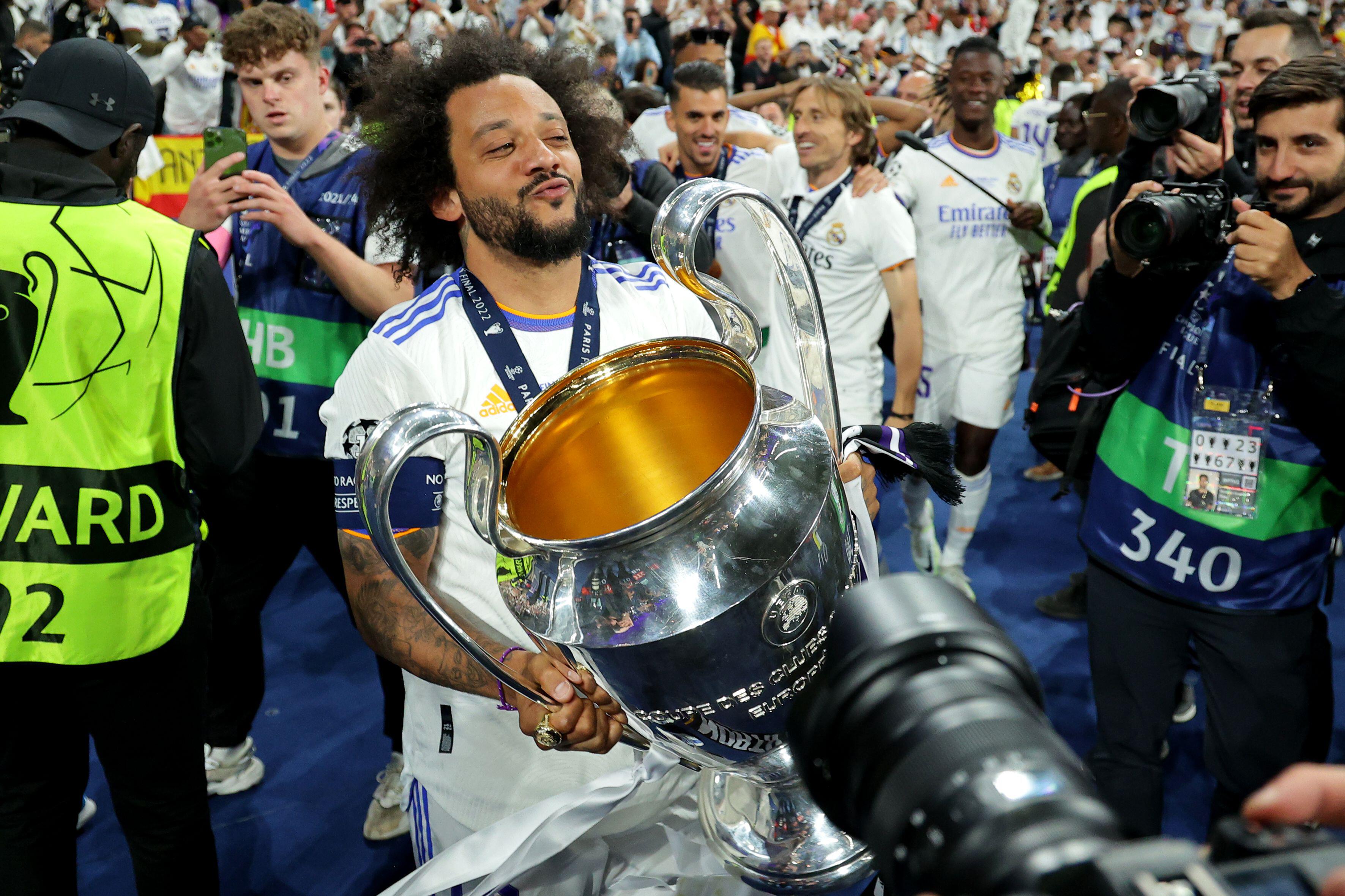 Captain Marcelo celebrates with the trophy after Real Madrid's victory over Liverpool in the 2022 Champions League final