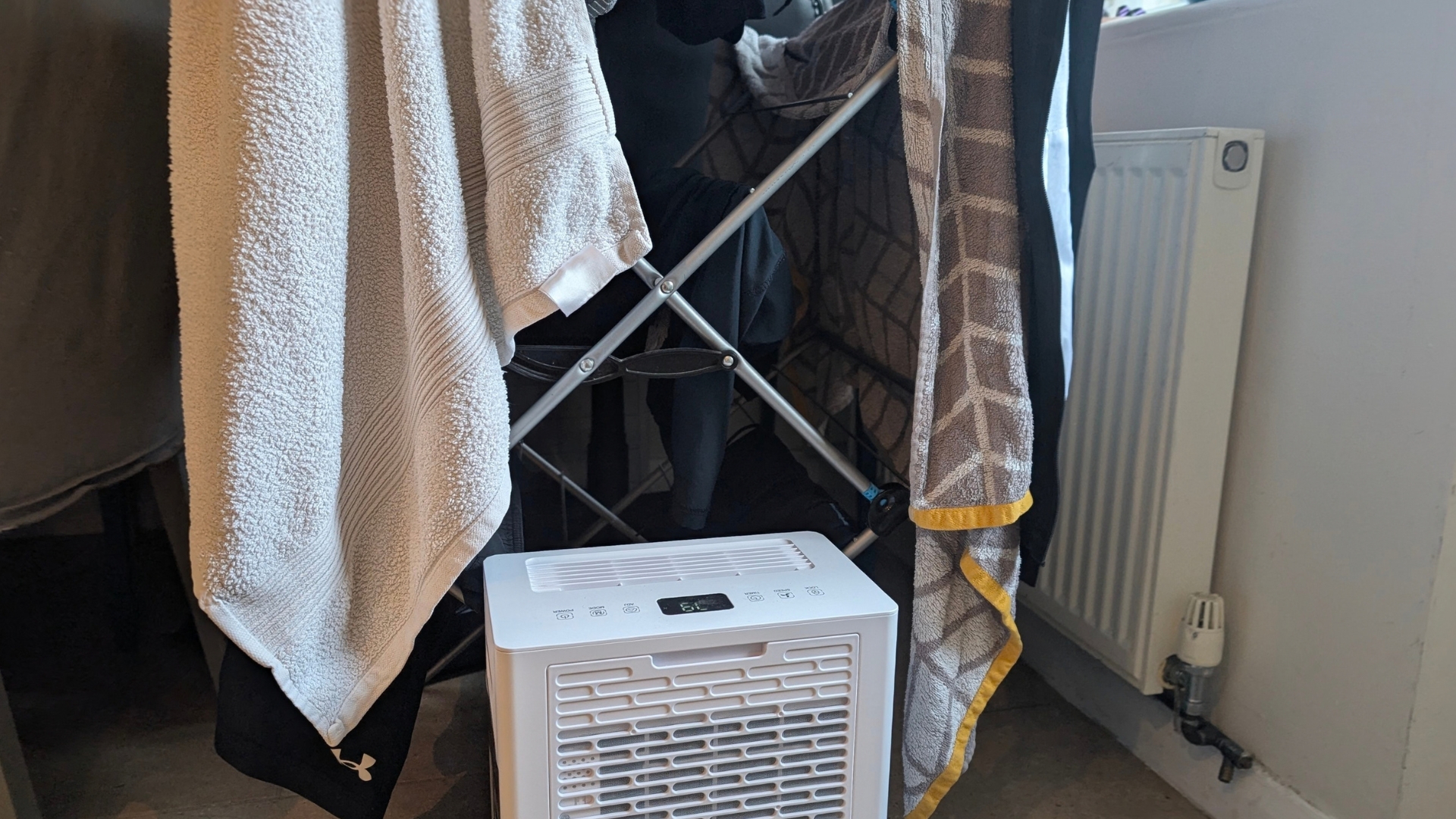 The Vonhaus 10L Slimline Dehumidifier in Liz's home being tested
