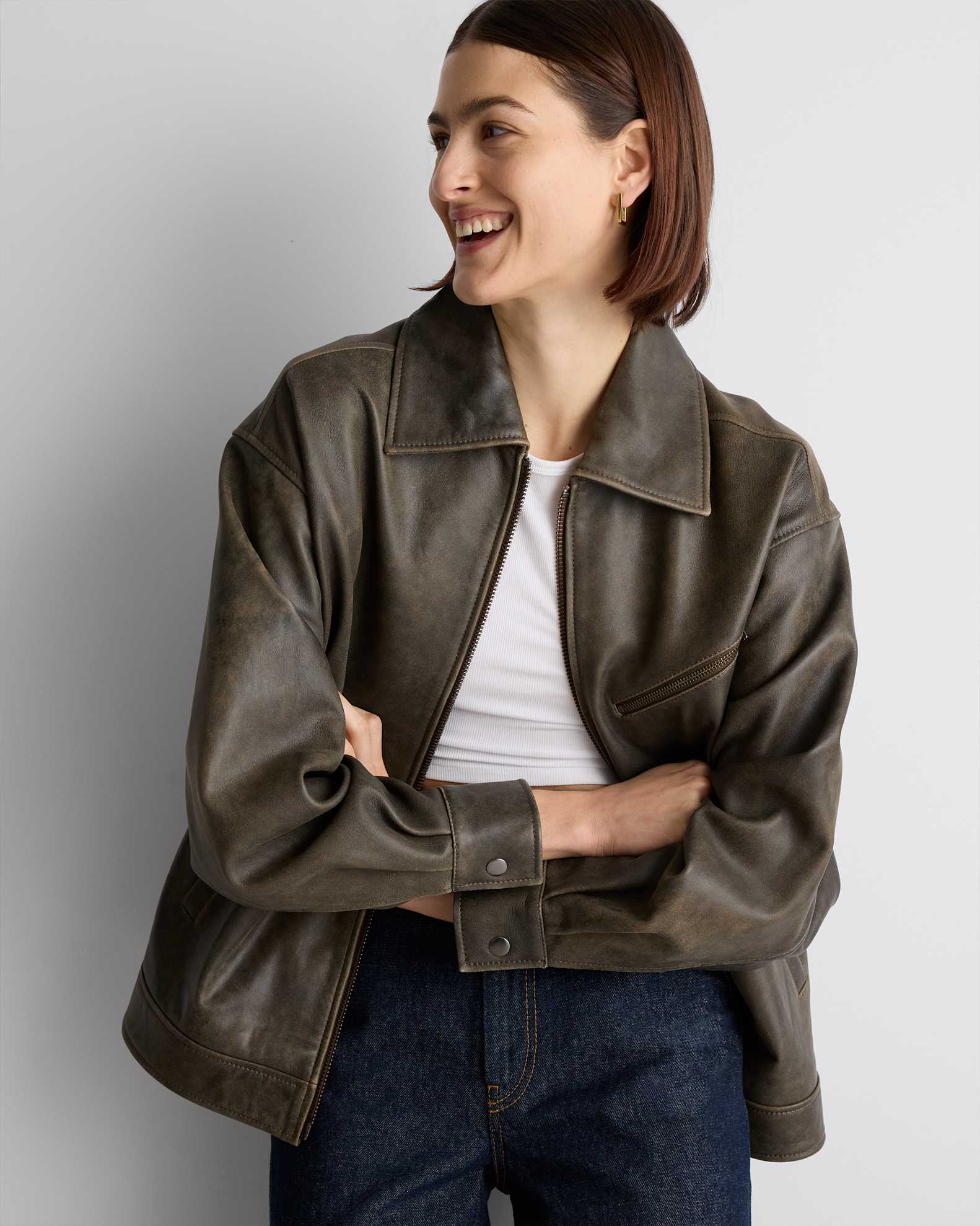 Quince, 100% Leather Oversized Bomber Jacket in Distressed Brown