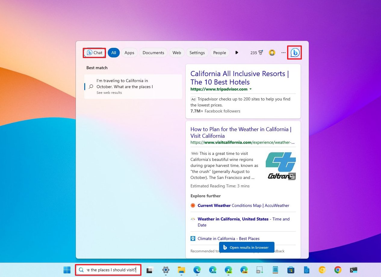 Поиск в Windows 11 с помощью Bing Chat