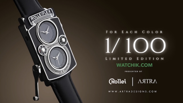 A vertical promotional image showing the Rollei-themed Artra Designs wristwatch on a black strap, with text stating "1/100 Limited Edition" and "Watchik.com" on the right.