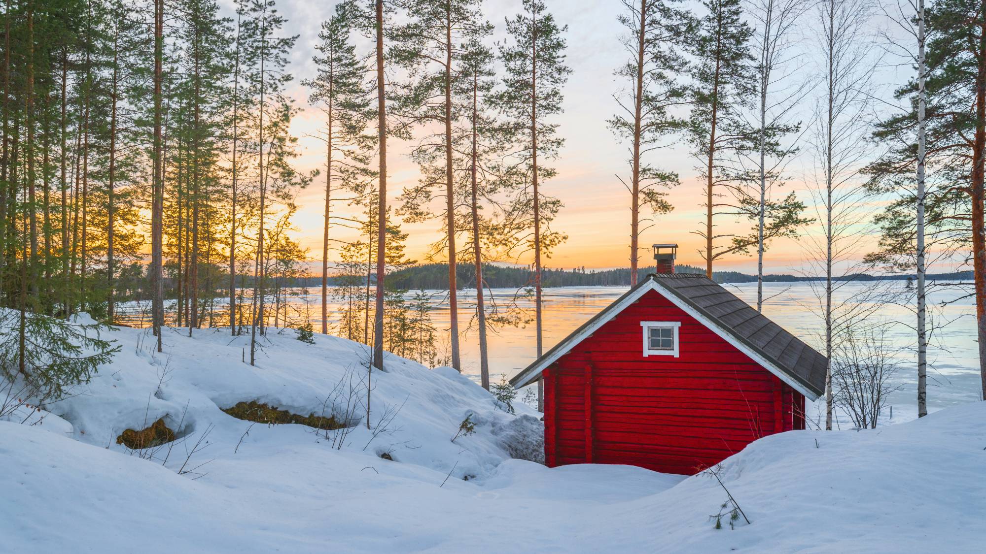 Red cabin in snowy forest