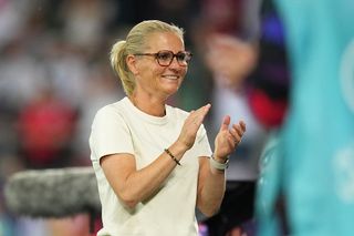 Sarina Wiegman, Head Coach of England, celebrates after Alessia Russo of England (not pictured) scores her team's fourth goal during the UEFA Women's EURO 2025 Group D match between England and Wales at Arena St. Gallen on July 13, 2025 in St Gallen, Switzerland.