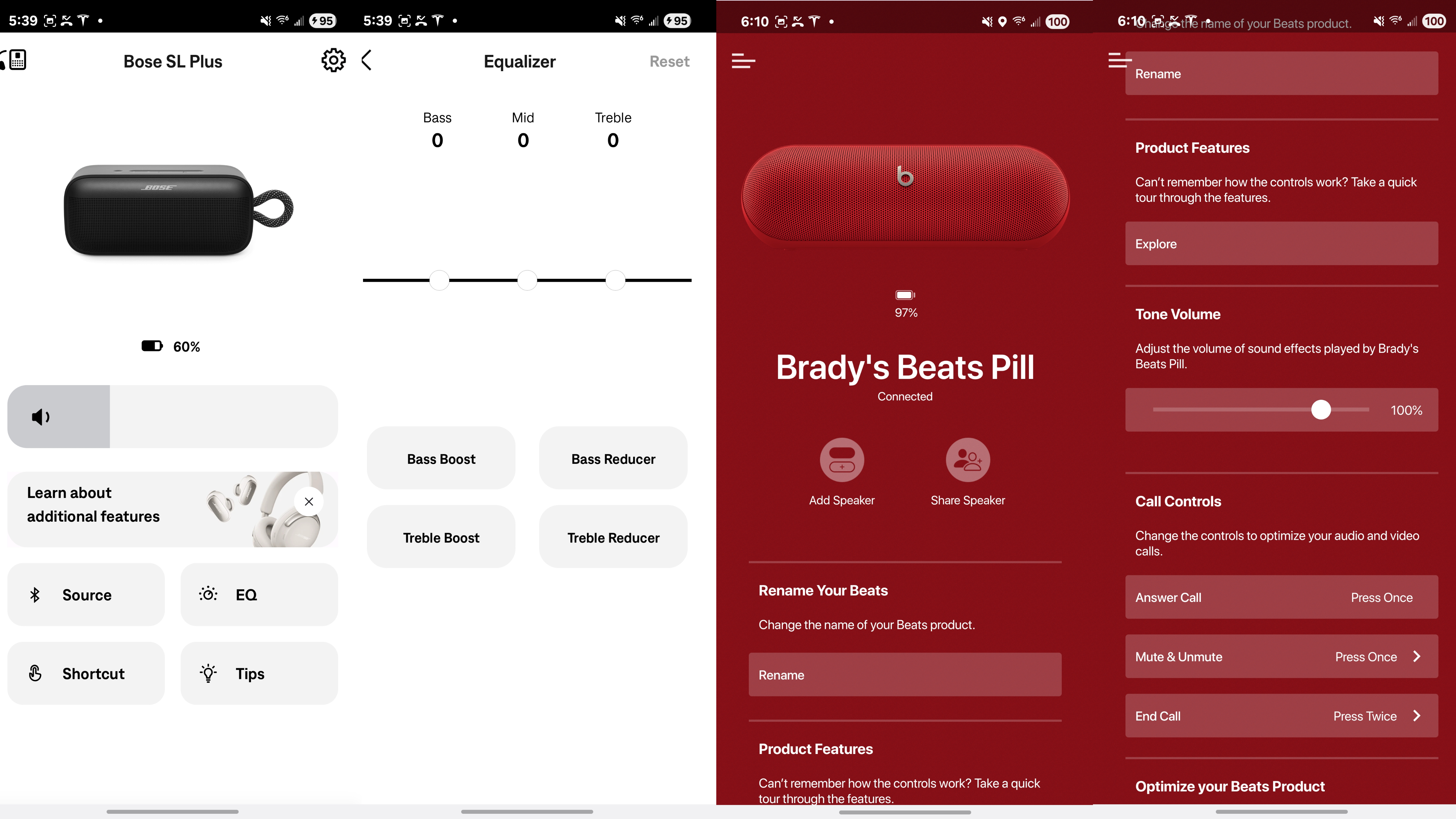 The Bose SoundLink Plus app compared to the Beats Pill app.