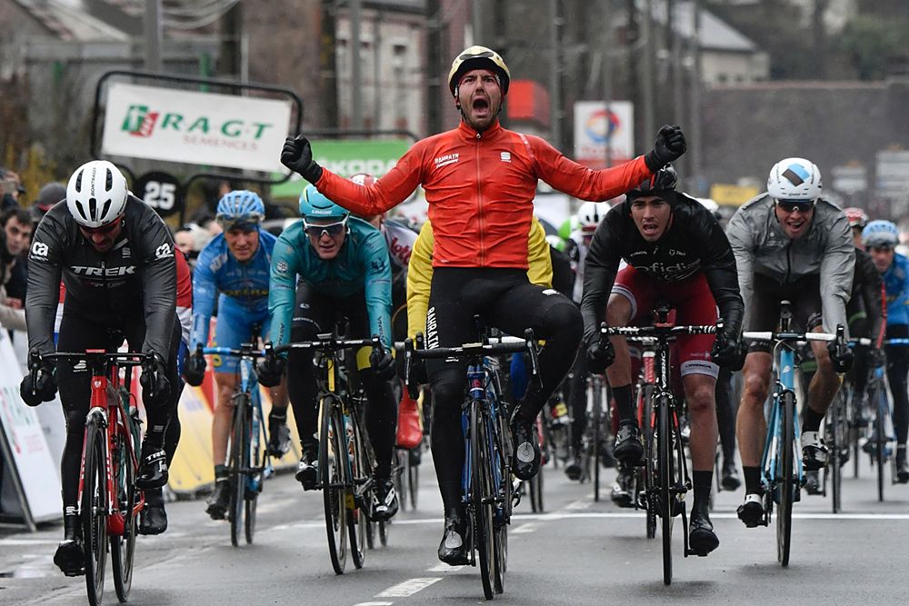 Sonny Colbrelli (Bahrain-Merida) holds on to win over Arnaud Demare (FDJ)