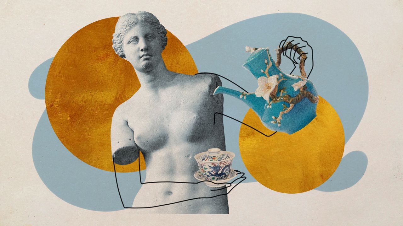 Photo collage of Venus de Milo pouring tea