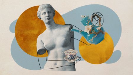 Photo collage of Venus de Milo pouring tea