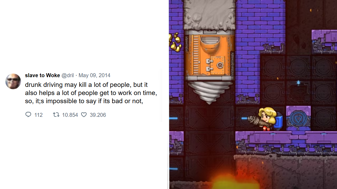 A dril tweet alongside art from the game Spelunky 2
