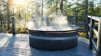 wood-fired hot tub on a deck