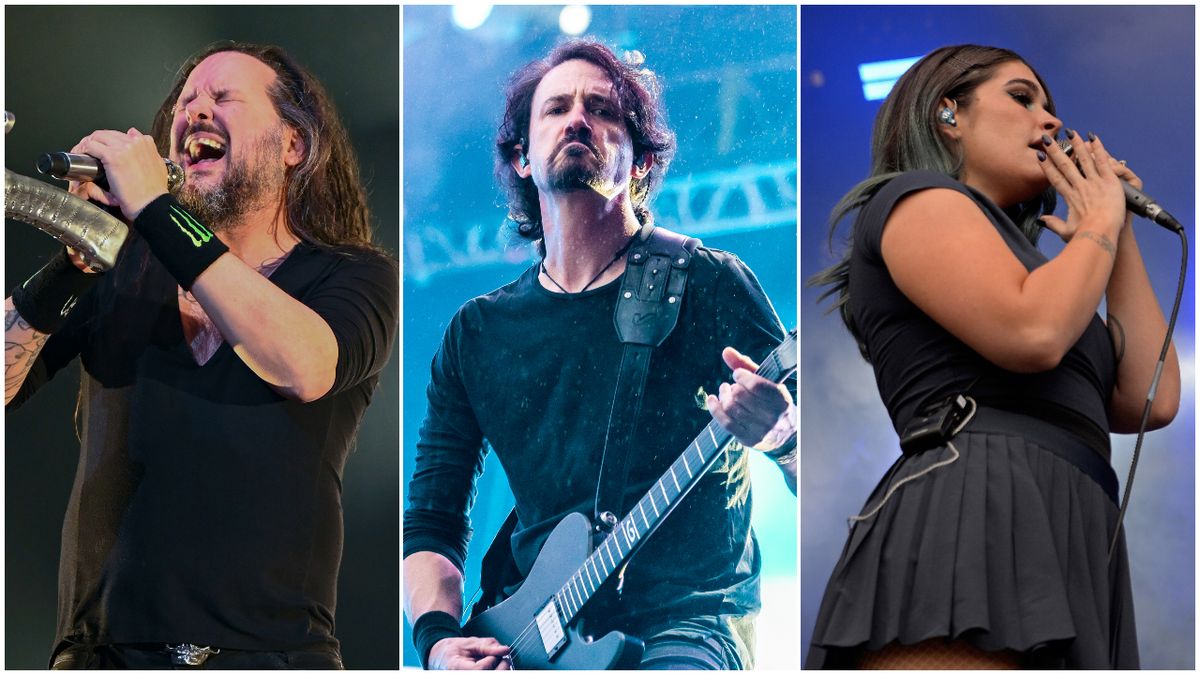 Jonathan Davis, Joe Duplantier and Courtney LaPlante on stage