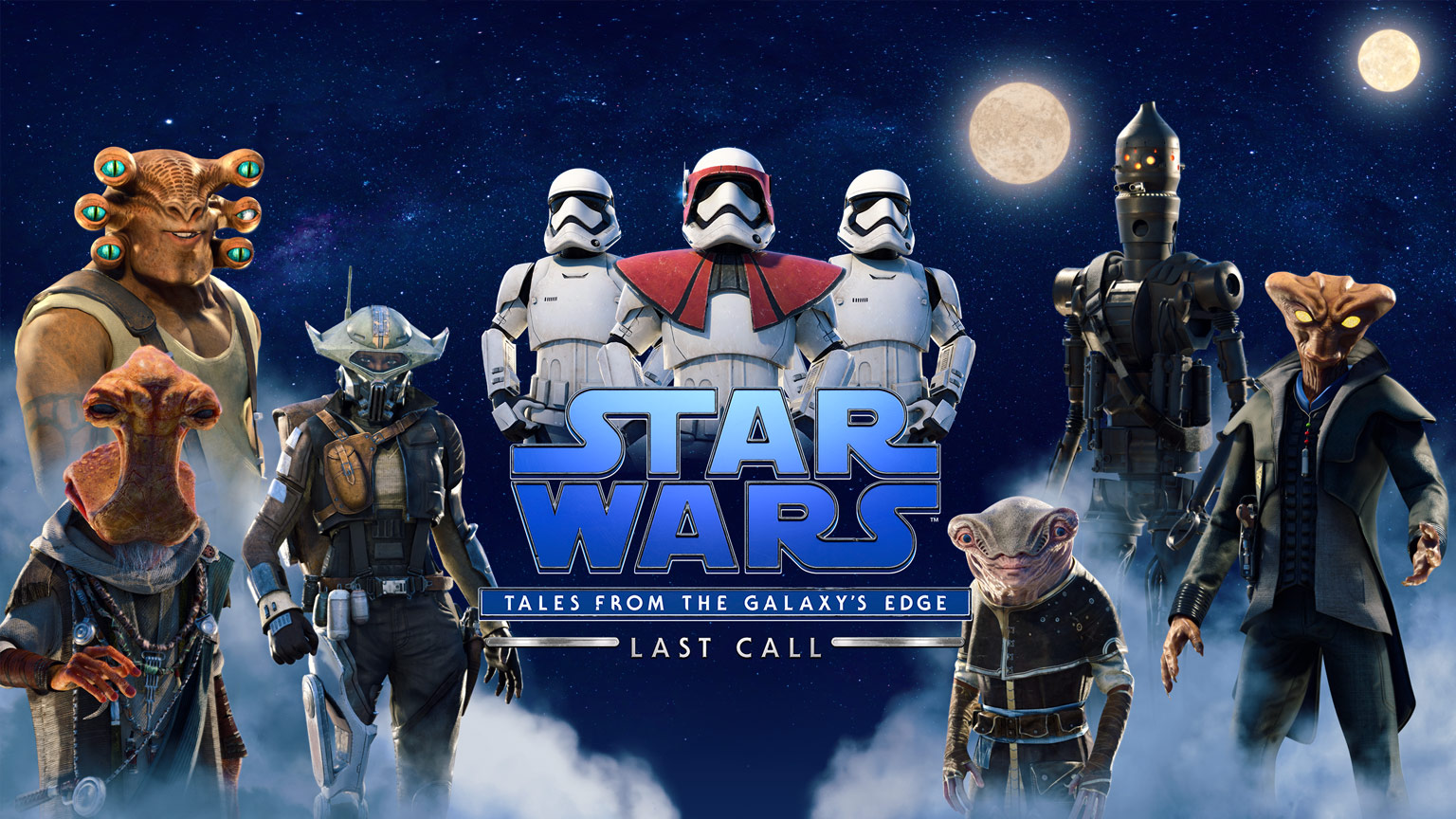 Title screen image for Star Wars Tales from the Galaxy's Edge: Last Call featuring aliens, droids and Stormtroopers