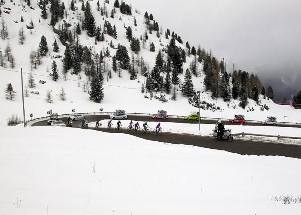 The Passo Pordoi was blanketed in snow during the final stage of the Giro del Trentino.