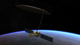 An illustration of a satellite with two solar panels orbiting Earth in space