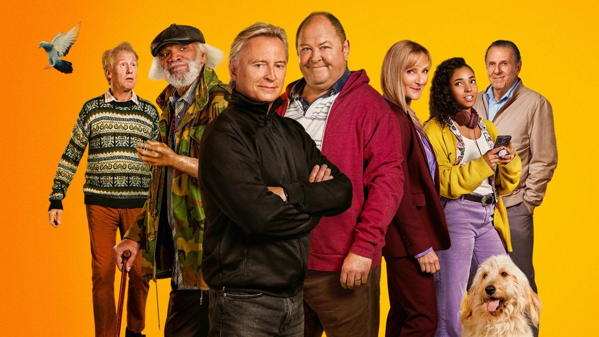 Poster for The Full Monty tv series featuring the cast against an amber background