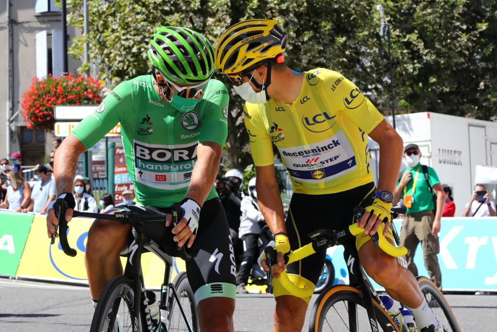 ORCIERES FRANCE SEPTEMBER 01 Start Peter Sagan of Slovakia and Team Bora Hansgrohe Green Points Jersey Julian Alaphilippe of France and Team Deceuninck QuickStep Yellow Leader Jersey during the 107th Tour de France 2020 Stage 4 a 1605km stage from Sisteron to OrcieresMerlette 1825m TDF2020 LeTour on September 01 2020 in Orcieres France Photo by Michael SteeleGetty Images