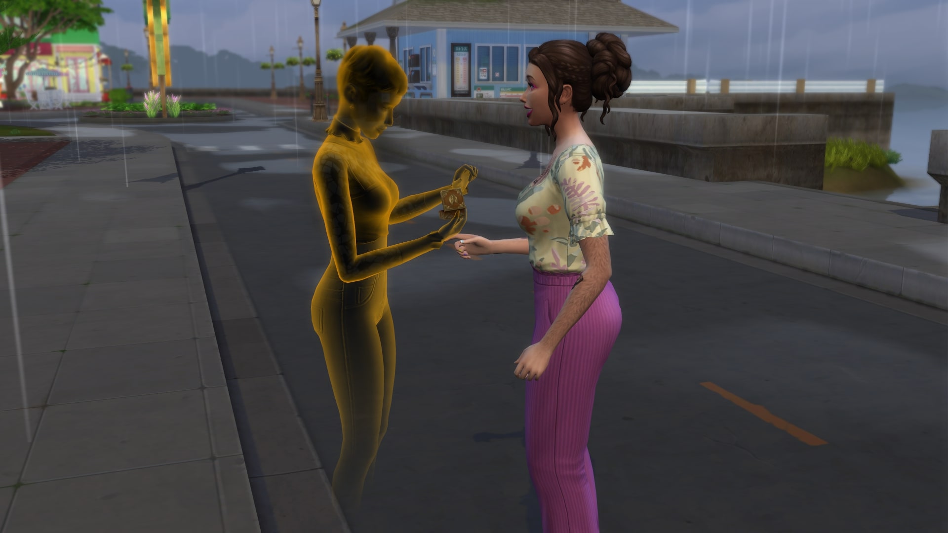 The Sims 4 Enchanted by Nature screenshot of a naturopathic Sim giving a curative elixir to a ghost Sim