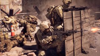 Battlefield 6 best gun loadout: Soldiers firing guns from behind cover, while other soldiers aid allies in the background.