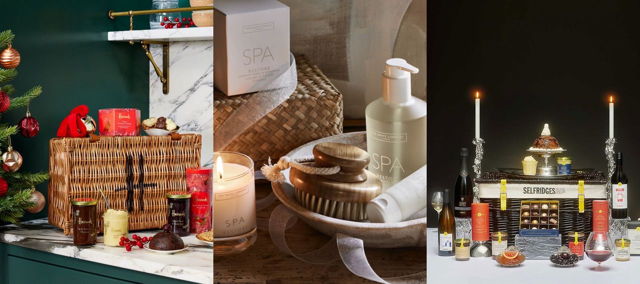 Three examples of christmas basket ideas. Wicker Harrods basket, white company spa set, party selfridges basket.