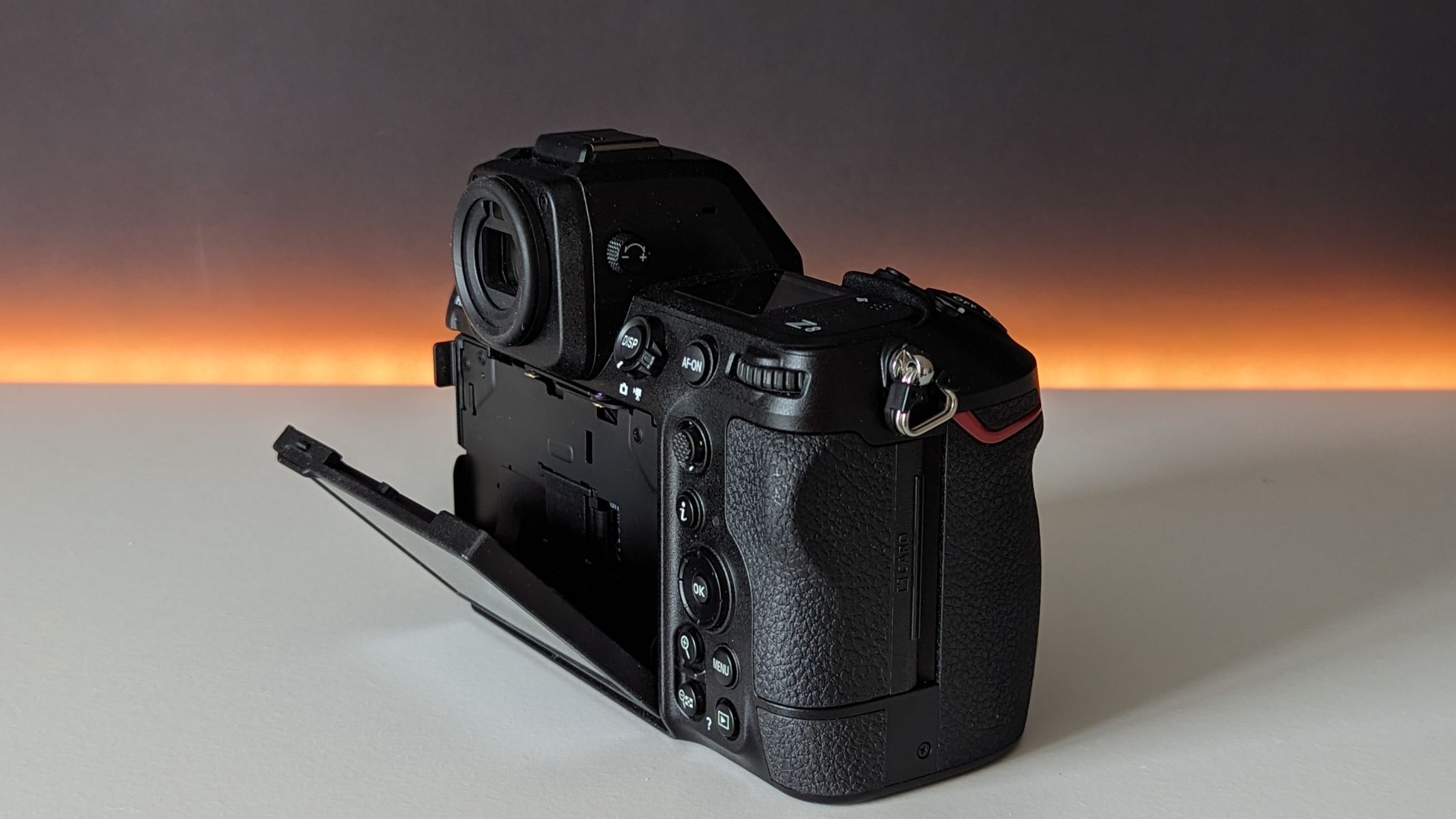 Nikon Z8 on a white table showing the moveable screen