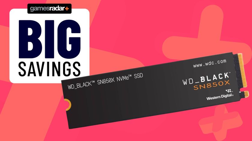 Image of the WD Black SN850X SSD, with a pink GamesRadar background.