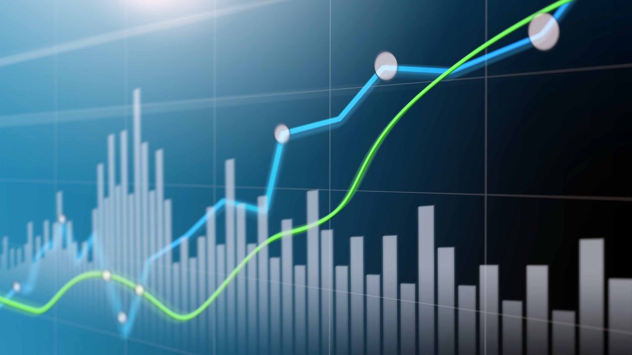 blue stock market chart with blue and green moving averages going higher