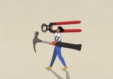 DIY woman in overalls carrying large tools on beige background