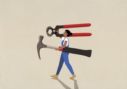DIY woman in overalls carrying large tools on beige background