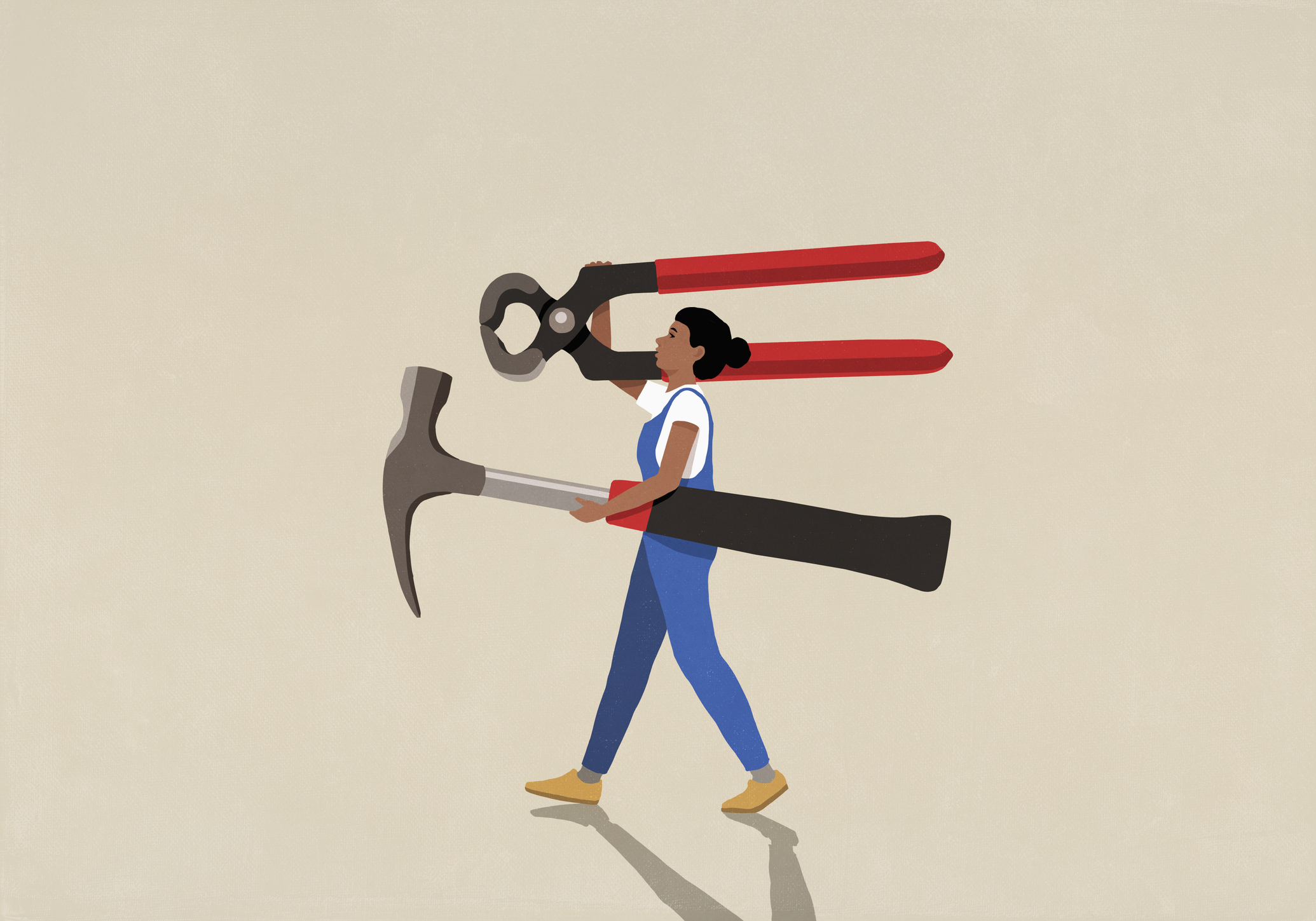 DIY woman in overalls carrying large tools on beige background
