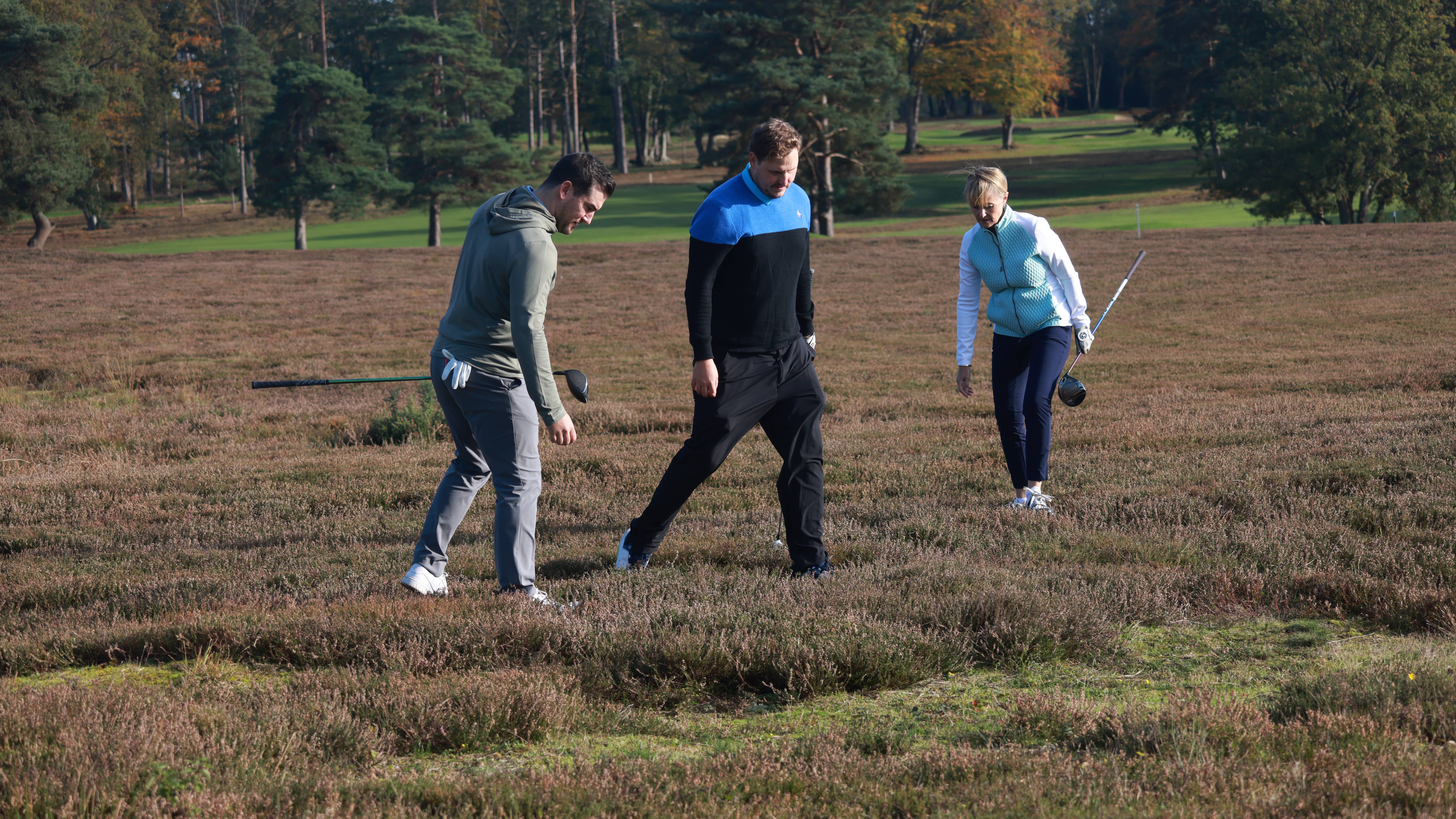 Three golfers looking for a lost ball