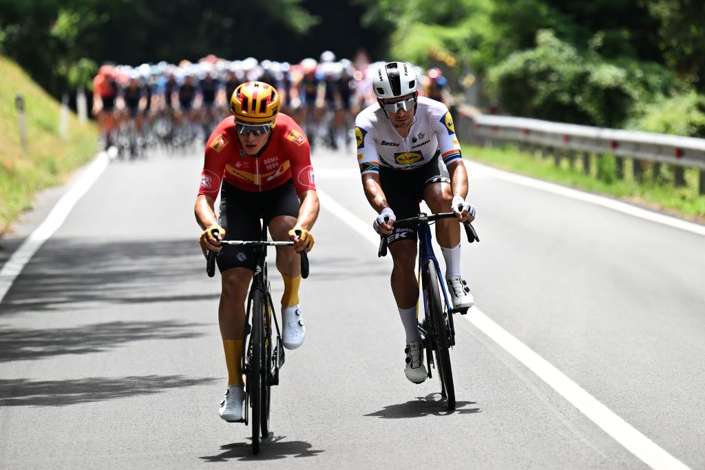 RIMINI ITALY JUNE 29 LR Jonas Abrahamsen of Norway and Team UnoX Mobility and Ryan Gibbons of South Africa and Team Lidl Trek compete in the chase group during the 111th Tour de France 2024 Stage 1 a 206km stage from Firenze to Rimini UCIWT on June 29 2024 in Rimini Italy Photo by Tim de WaeleGetty Images