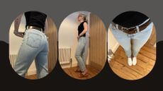 woman trying on levi jeans