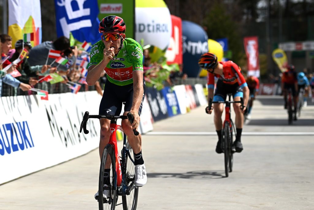 RITTEN ITALY APRIL 18 Tao Geoghegan Hart of United Kingdom and Team INEOS Grenadiers Green leader jersey celebrates at finish line as stage winner during the 46th Tour of the Alps 2023 Stage 2 a 1652km stage from Reith im Alpbachtal to Ritten 1174m on April 18 2023 in Reith im Alpbachtal Italy Photo by Tim de WaeleGetty Images