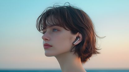 A young woman wearing Creative Aurvana Ace 3 earbuds with a dusky sky behind her